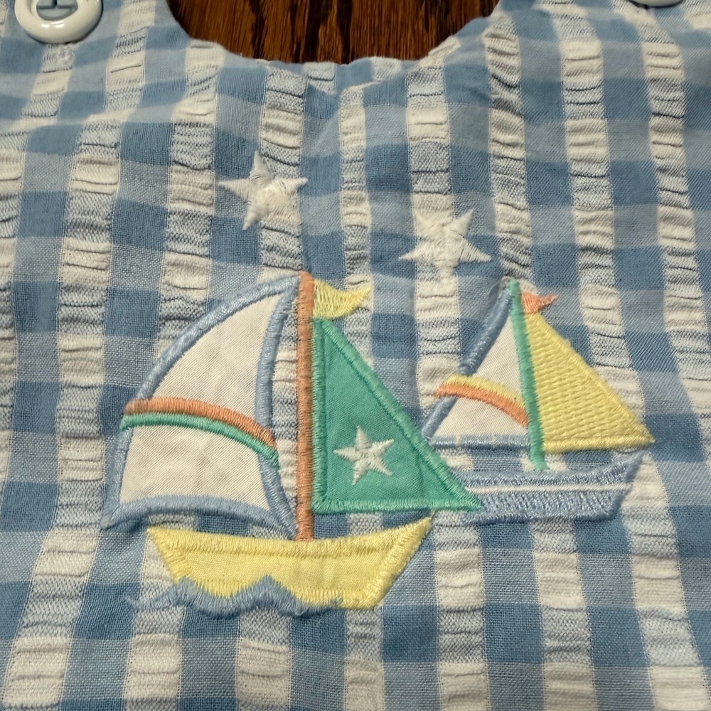 P.A. Kids Blue White Check Embroidered Sailboat Sleeveless Shortall 24m Snaps - Picture 3 of 8